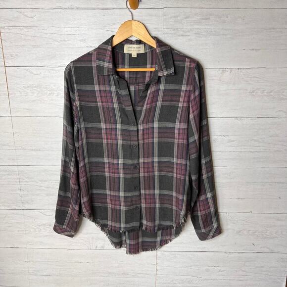 Anthropologie Cloth & Stone Top Womens Size Medium Gray & Pink Plaid Flannel - Picture 4 of 16